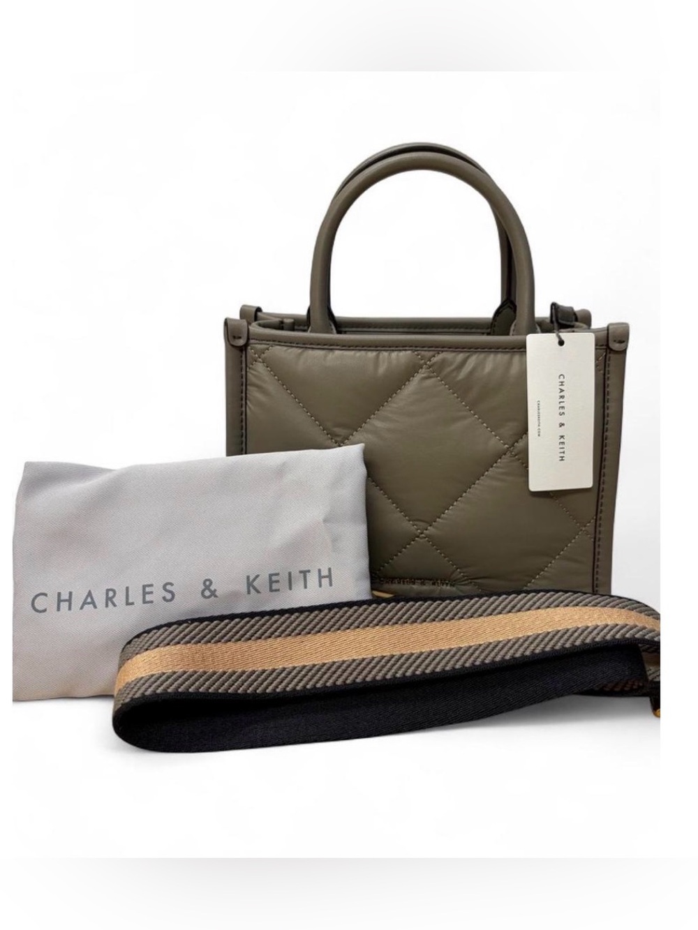 NWT Charles & Keith Celia Quilted Double Handle Sm Tote Bag w/ Dust Bag - Taupe
